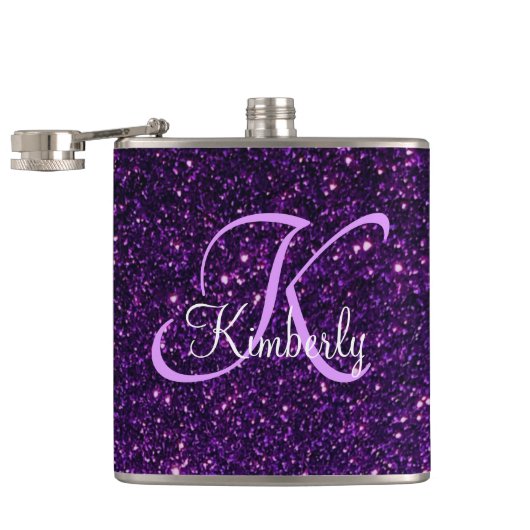 Monogramm auf der Flasche mit Lila Glitzer Flachmann (Geöffnet)