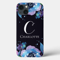 Monogramm auf Dunkelblau mit Lila blauen Blumen