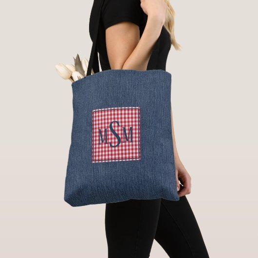 Monogramm auf dunklem Denimdruck Schulter Tasche (Von Nahem)