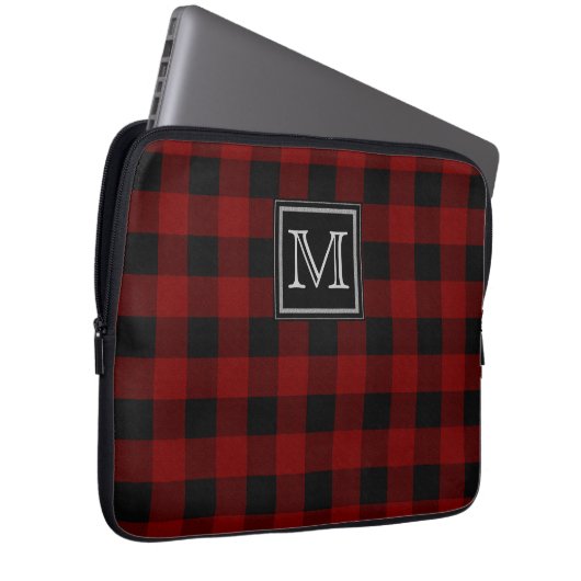 Monogramm auf geruchtem Rot und Schwarz Kariert Laptopschutzhülle (Vorne Rechts)