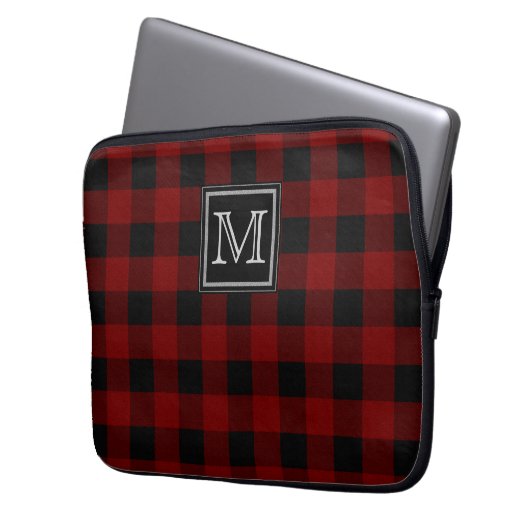 Monogramm auf geruchtem Rot und Schwarz Kariert Laptopschutzhülle (Vorderseite Links)