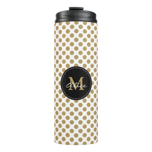 Monogramm auf Goldweißem Tupfen-Muster Thermosbecher (Vorderseite)