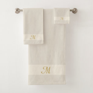Monogramm auf hellsandfarbenem, mandelähnlichem Fa Badhandtuch Set