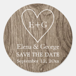 Monogramm auf Herz-Holz-Hochzeit Speichern Sie das Runder Aufkleber