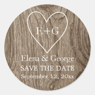 Monogramm auf Herz Holze Hochzeit Save the Date Runder Aufkleber