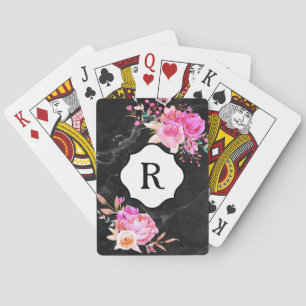 Monogramm auf kräftigen rosa Blumen auf schwarzem Spielkarten