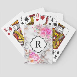 Monogramm auf kräftigen rosa Blumen, Gold & weißem Spielkarten