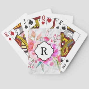 Monogramm auf kräftigen rosa Blumen und grauem Mar Spielkarten