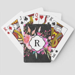 Monogramm auf kräftigen rosa Blumen und schwarzem Spielkarten
