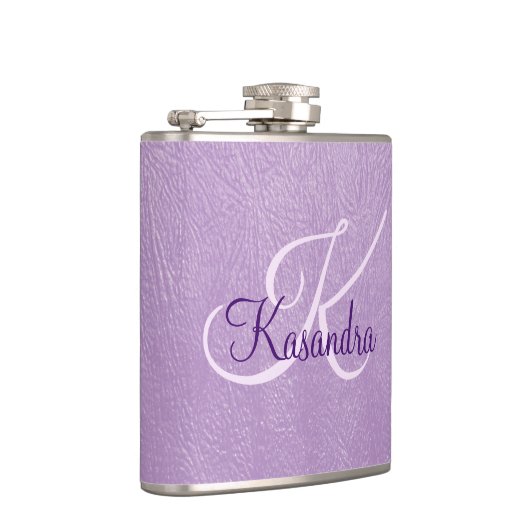 Monogramm auf Lila Leder Flachmann (Rechts)