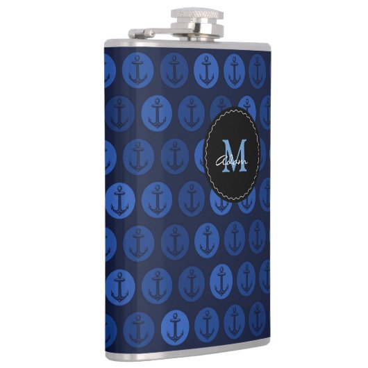 Monogramm auf Marine-Blau-Ton verankert Muster Flachmann (Rechts)