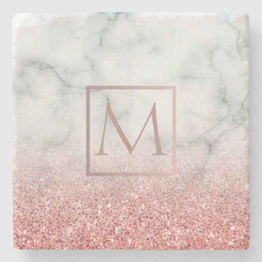 Monogramm auf Marmor und Imitat Glitzer Steinuntersetzer (Vorderseite)