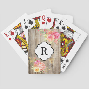 Monogramm auf rosa Blumen und rustikalem Holz Spielkarten