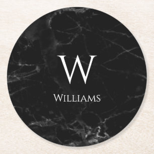 Monogramm auf schwarzem Marmor Elegant moderne wei Runder Pappuntersetzer
