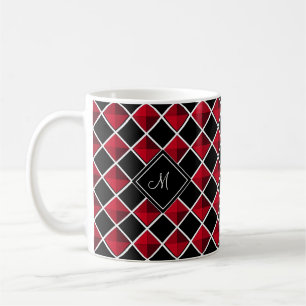 Monogramm auf schwarzem rotem Rautenmuster Kaffeetasse