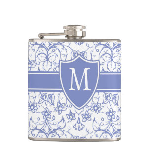 Monogramm auf stylisches blaues Periwinkelmuster Flachmann