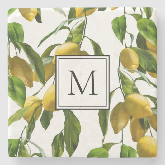 Monogramm auf Zitronenmuster Steinuntersetzer (Vorderseite)