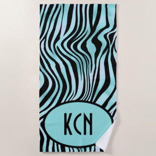 Monogramm Aufdruck Zebramuster Schwarz und Türkis Strandtuch