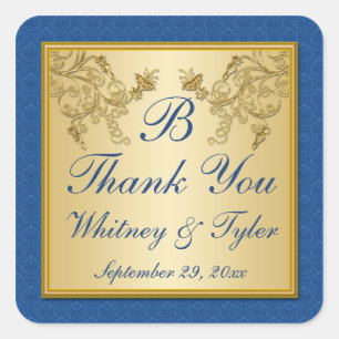 Monogramm-Aufkleber für blaue und goldene Floral-D Quadratischer Aufkleber