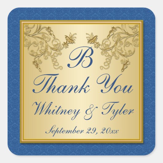 Monogramm-Aufkleber für blaue und goldene Floral-D Quadratischer Aufkleber (Vorderseite)