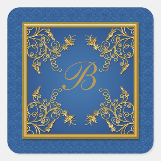 Monogramm-Aufkleber für blaue und goldene Floral-D Quadratischer Aufkleber (Vorderseite)