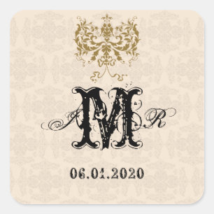 Monogramm-Aufkleber für Creme und Gold-Damask Quadratischer Aufkleber