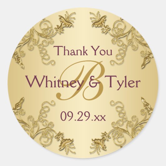 Monogramm-Aufkleber für Pflaumenwein und Goldflore Runder Aufkleber (Vorderseite)