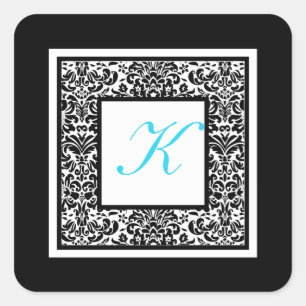 Monogramm-Aufkleber für Schwarz, Weiß und Blau Quadratischer Aufkleber