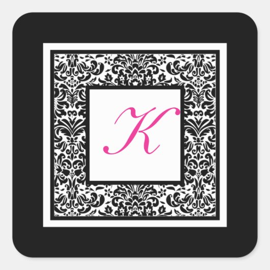 Monogramm-Aufkleber für Schwarz, Weiß und Rosa Dam Quadratischer Aufkleber (Vorderseite)