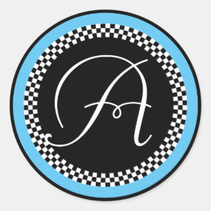 Monogramm-Aufkleber mit blau an der Checkerboard-G Runder Aufkleber