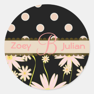 Monogramm Aufkleber rosa Wildblumen und Polka Punk
