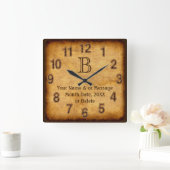 Monogramm aus antikem Papier, Personalisierte Wand Quadratische Wanduhr (Zuhause)