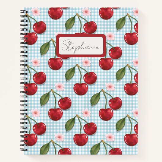 Monogramm aus blauem Gingham und Kirschen Notizblock (Vorderseite)