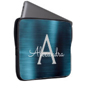 Monogramm aus blauem Metallic Modernes Chic Laptopschutzhülle (Vorne Rechts)