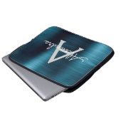Monogramm aus blauem Metallic Modernes Chic Laptopschutzhülle (Vorne Knopf)