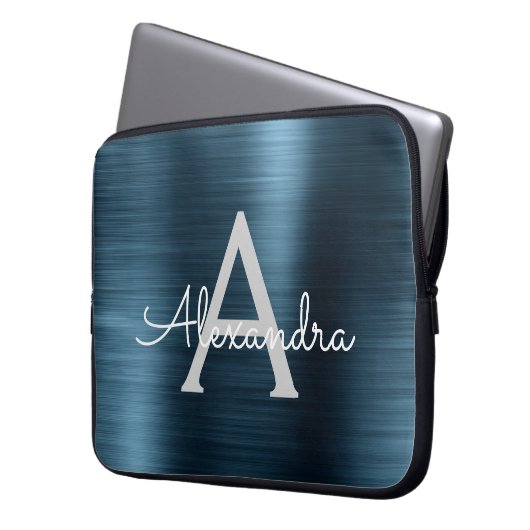 Monogramm aus blauem Metallic Modernes Chic Laptopschutzhülle (Vorderseite Links)
