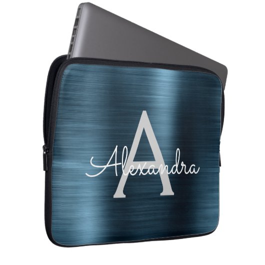 Monogramm aus blauem Metallic Modernes Chic Laptopschutzhülle (Vorne Rechts)