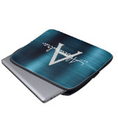 Monogramm aus blauem Metallic Modernes Chic Laptopschutzhülle (Vorne Knopf)