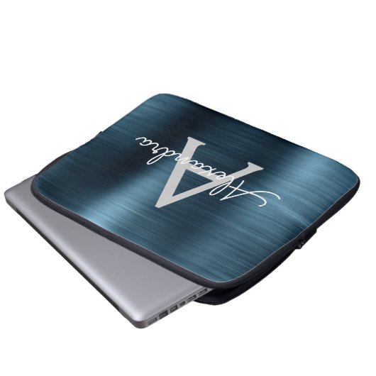 Monogramm aus blauem Metallic Modernes Chic Laptopschutzhülle (Vorne Knopf)