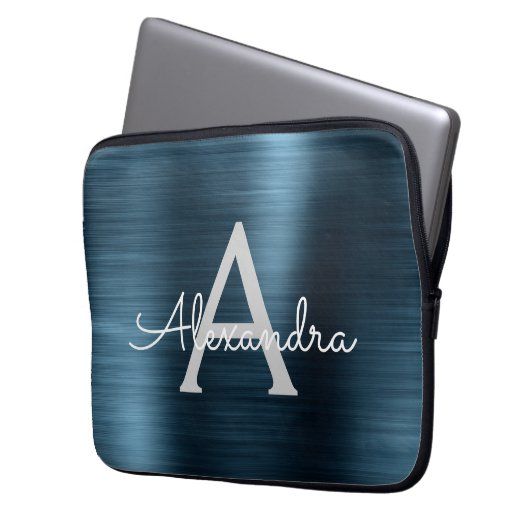 Monogramm aus blauem Metallic Modernes Chic Laptopschutzhülle (Vorderseite Links)