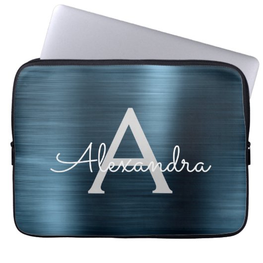 Monogramm aus blauem Metallic Modernes Chic Laptopschutzhülle (Vorderseite)