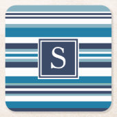 Monogramm aus blauem und weißem Multistreifen Rechteckiger Pappuntersetzer (Vorderseite)