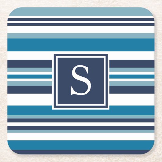 Monogramm aus blauem und weißem Multistreifen Rechteckiger Pappuntersetzer (Vorderseite)