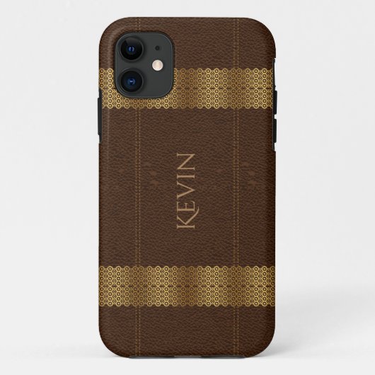 Monogramm aus braunem Leder und goldenen Streifen Case-Mate iPhone Hülle (Rückseite)