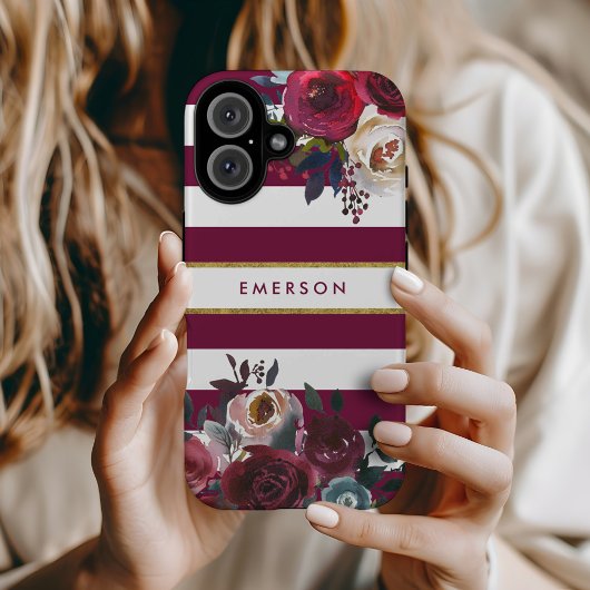 Monogramm aus Burgund und Gold Boho Floral Strips Case-Mate iPhone Hülle