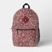 Monogramm aus dunkelrotem und weißem Paisley Bedruckter Rucksack (Vorderseite)