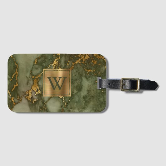 Monogramm aus elegantem Olive Green Gold-Marmor Gepäckanhänger (Vorderseite (Horizontal))
