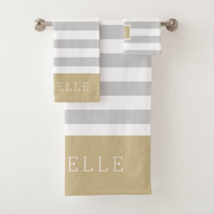 Monogramm aus Gold und grauen Streifen   Editierba Badhandtuch Set