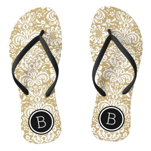 Monogramm aus Gold und schwarzem Floral Badesandalen (Fußbett)