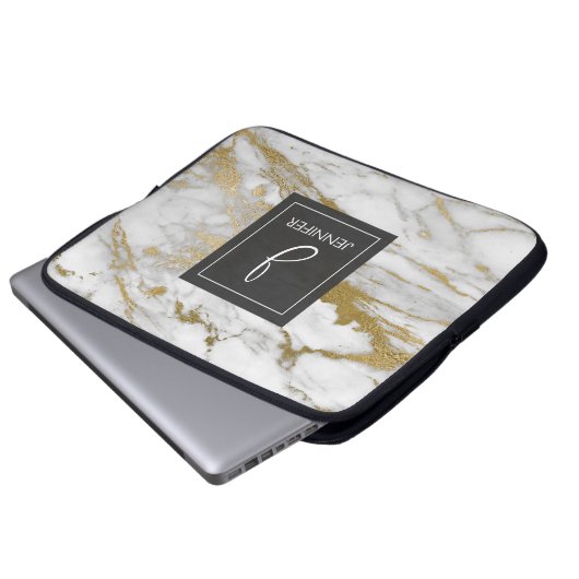 Monogramm aus Gold und weißem Marmor Laptopschutzhülle (Vorne Knopf)